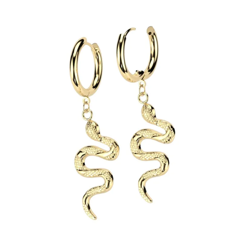 Paire boucles d'oreille anneaux doré pendentif serpent