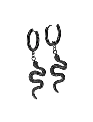 Paire boucles d'oreille anneaux noir pendentif serpent