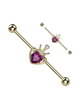 Piercing industriel oreille couronne et coeur rose