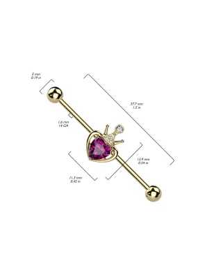 Piercing industriel oreille couronne et coeur rose