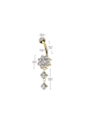 Piercing nombril fleur doré pendentif double strass acier chirurgical