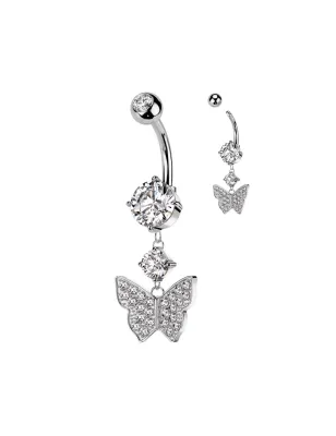 Piercing nombril papillon pendentif strass acier chirurgical