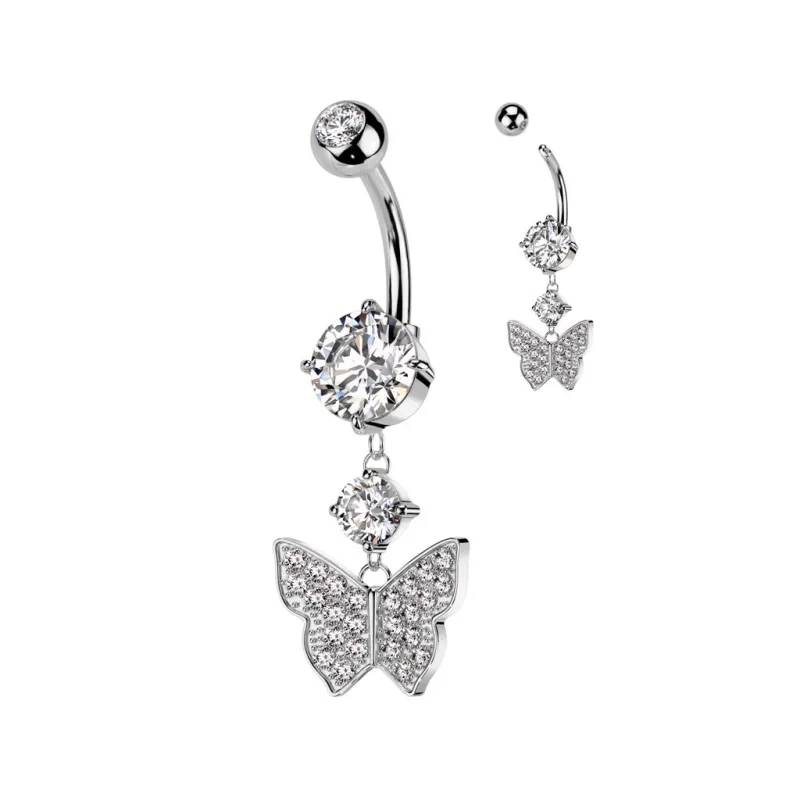 Piercing nombril papillon pendentif strass acier chirurgical