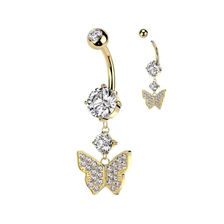 Piercing nombril papillon doré pendentif strass acier chirurgical