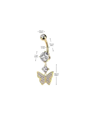 Piercing nombril papillon doré pendentif strass acier chirurgical