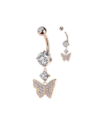 Piercing nombril papillon rosé pendentif strass acier chirurgical