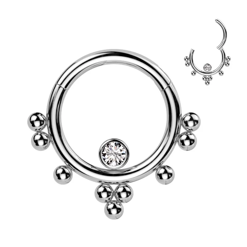 Piercing anneau argenté cluster billes et zircon (oreille, septum)