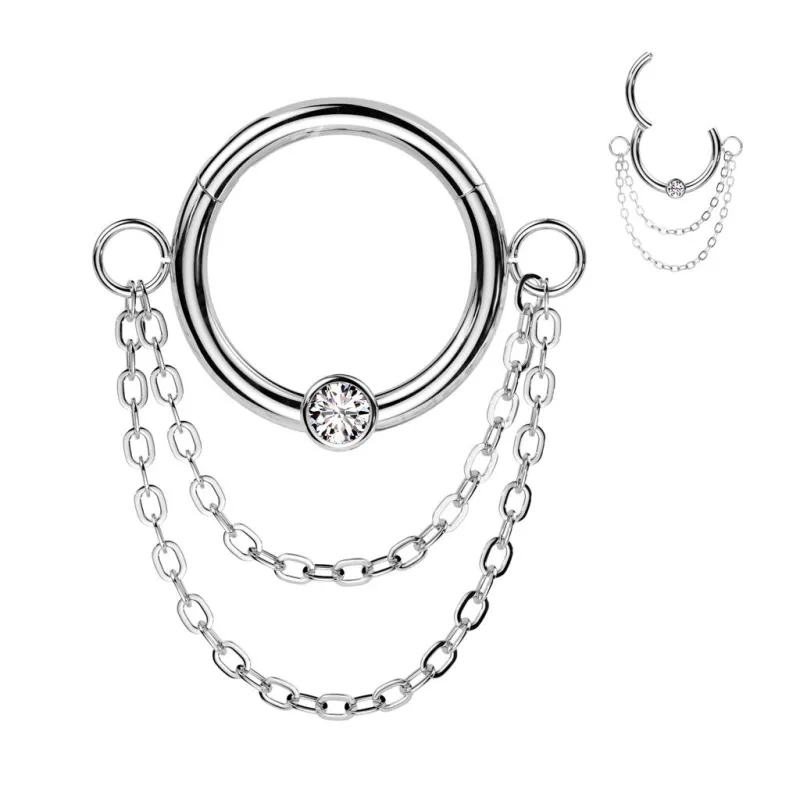 Piercing anneau argenté double chaine et zircon (oreille, septum)