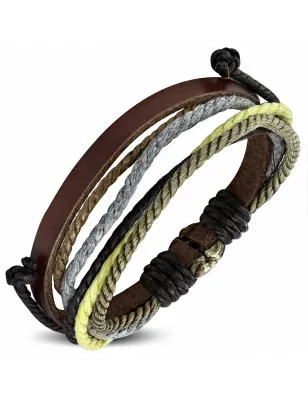 Bracelet homme en cuir marron avec cordon kaki 009