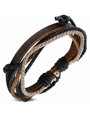 Bracelet homme en cuir marron avec cordon noir caramel 013