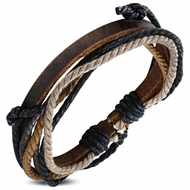 Bracelet homme en cuir marron avec cordon noir caramel 013