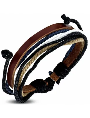 Bracelet homme en cuir marron avec cordon bleu marine 016