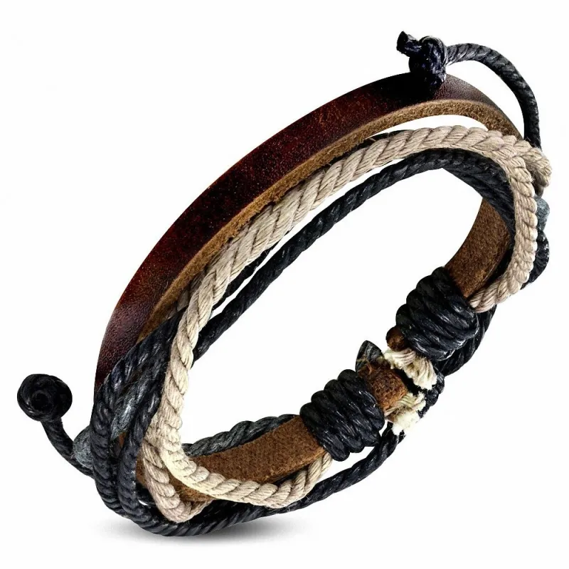 Bracelet homme en cuir marron avec cordon noir gris 017