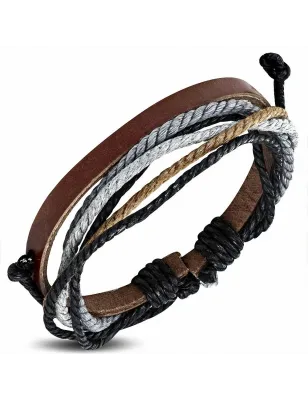 Bracelet homme en cuir marron avec cordon bleu clair gris 018