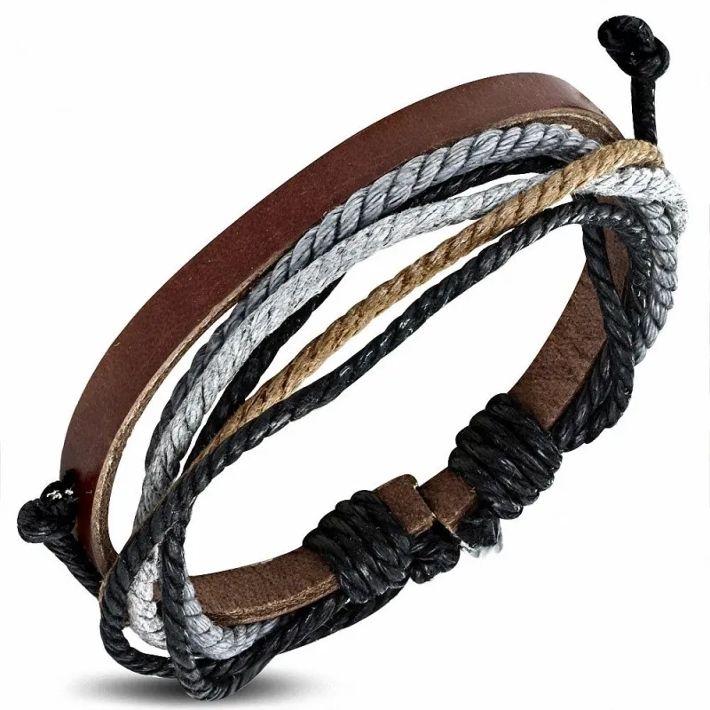 Bracelet homme en cuir marron avec cordon bleu clair gris 018