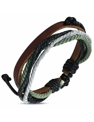 Bracelet homme en cuir marron avec cordon noir vert 021