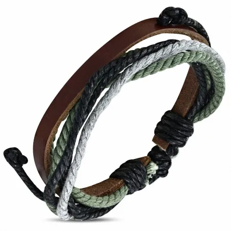 Bracelet homme en cuir marron avec cordon noir vert 021