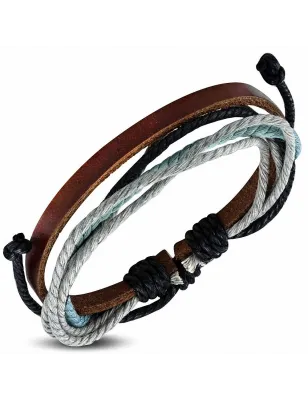 Bracelet homme en cuir marron avec cordon gris bleu 022