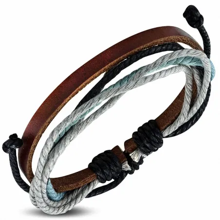 Bracelet homme en cuir marron avec cordon gris bleu 022