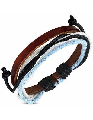 Bracelet homme en cuir marron avec cordon blanc bleu 024