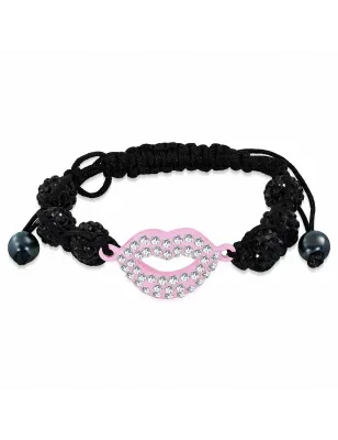 Bracelet shamballa à billes noir bouche rose cristaux 158