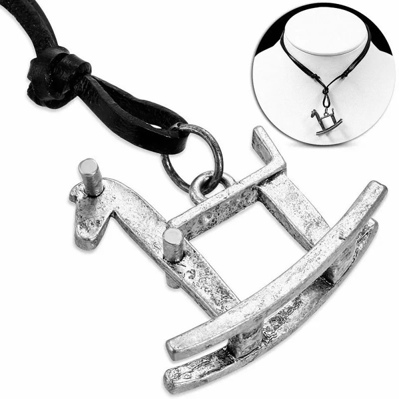 Collier en cuir noir avec pendentif cheval à bascule