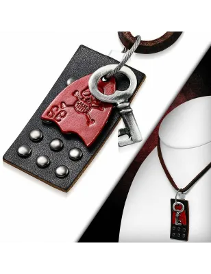 Collier en cuir brun avec pendentif biker tag crâne de pirate