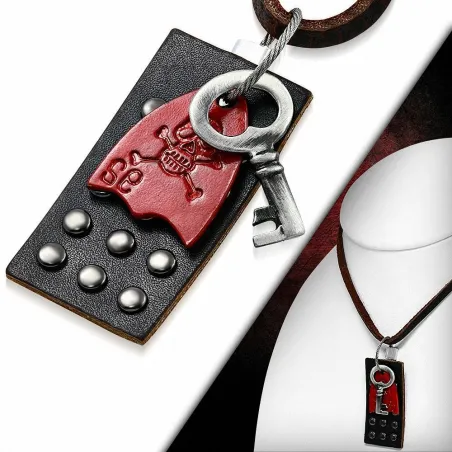 Collier en cuir brun avec pendentif biker tag crâne de pirate