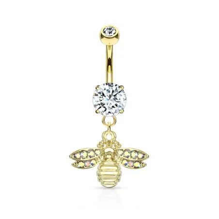 Piercing nombril pendentif abeille pavée de cristaux plaqué or