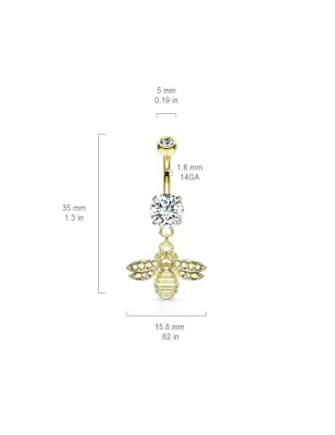 Piercing nombril pendentif abeille pavée de cristaux plaqué or