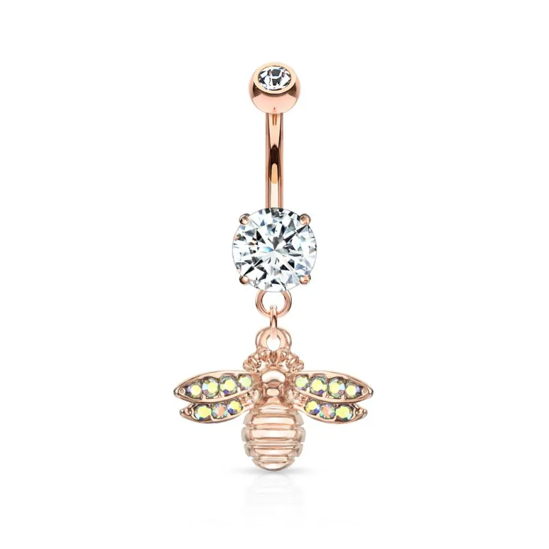 Piercing nombril pendentif abeille pavée de cristaux plaqué or rose