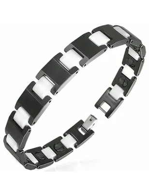 Bracelet magnétique en céramique noire maillons blancs carrés