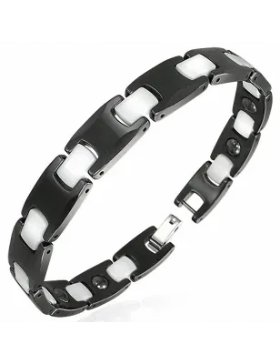 Bracelet magnétique en céramique noire maillons blancs rectangulaires