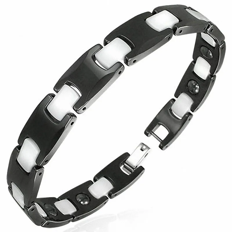 Bracelet magnétique en céramique noire maillons blancs rectangulaires