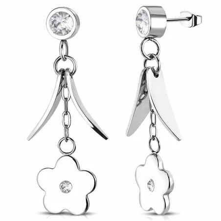 Paire Boucles d'oreille acier inoxydable pendantes fleurs