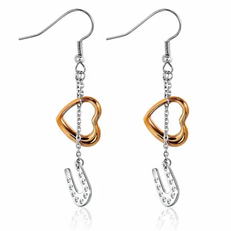 Paire Boucles d'oreille acier inoxydable pendantes coeur cuivré