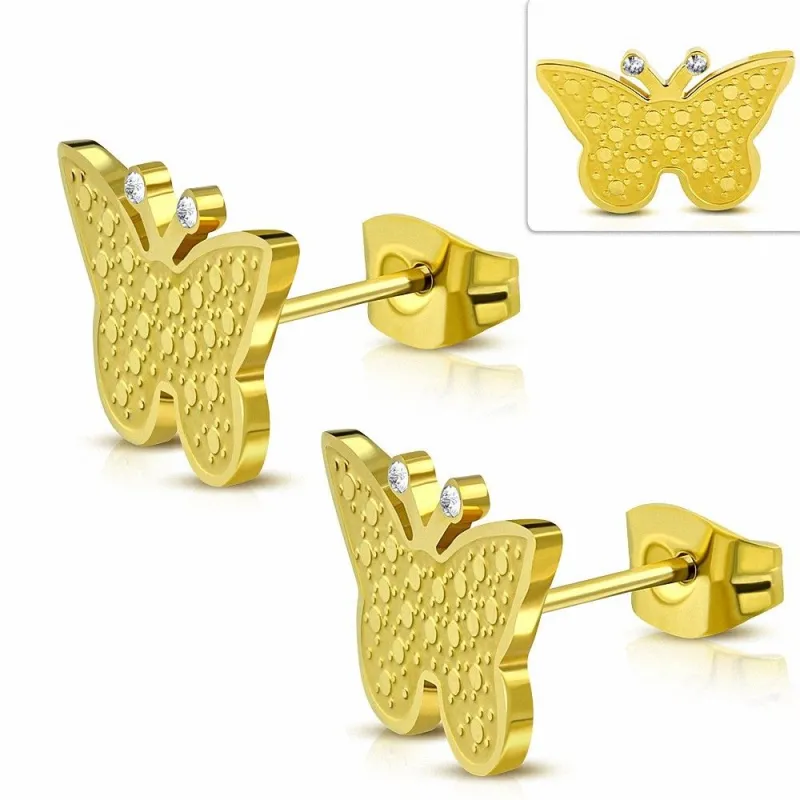 Paire Boucles d'oreille acier inoxydable papillon doré strass