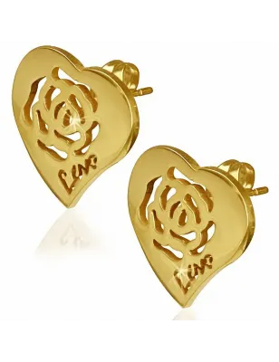 Paire Boucles d'oreille acier inoxydable doré coeur avec rose