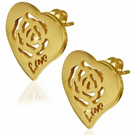 Paire Boucles d'oreille acier inoxydable doré coeur avec rose