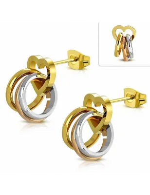 Paire Boucles d'oreille acier inoxydable doré coeur triple anneaux