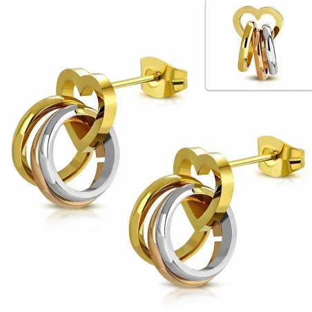 Paire Boucles d'oreille acier inoxydable doré coeur triple anneaux