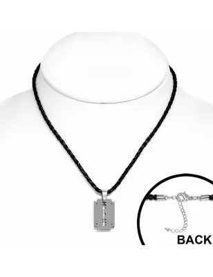 Collier homme similicuir avec pendentif tungstène lame de rasoir