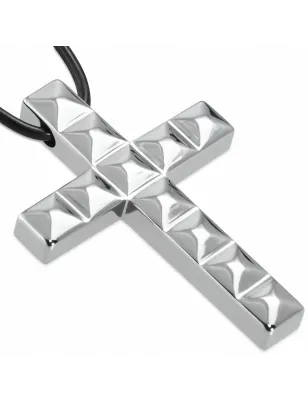 Collier homme caoutchouc avec pendentif tungstène croix à pyramides