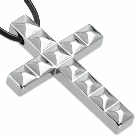 Collier homme caoutchouc avec pendentif tungstène croix à pyramides