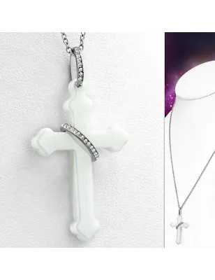 Collier acier avec pendentif croix anneau céramique blanche