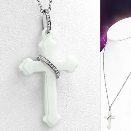 Collier acier avec pendentif croix anneau céramique blanche