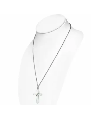 Collier acier avec pendentif croix anneau céramique blanche