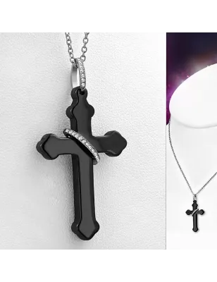 Collier acier avec pendentif croix anneau céramique noire