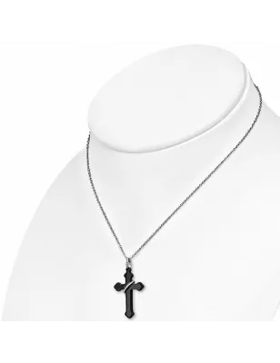 Collier acier avec pendentif croix anneau céramique noire