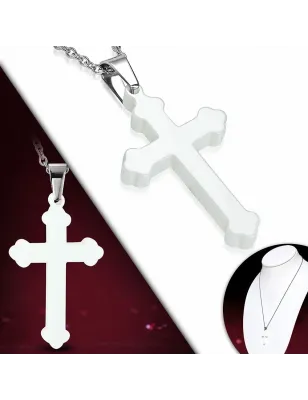 Collier acier avec pendentif croix céramique blanche